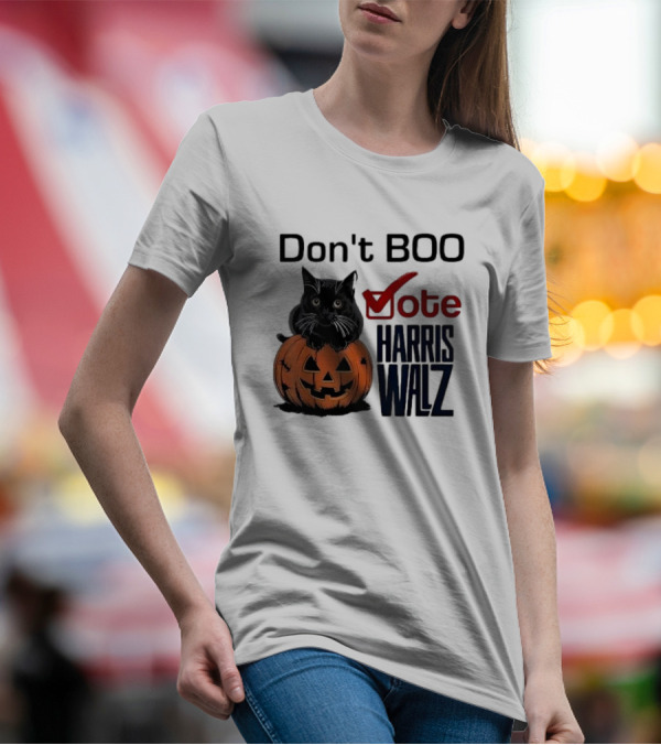 Don't Boo Vote Harris Walz Halloween 2024 Black Cat Pumpkin T-Shirt