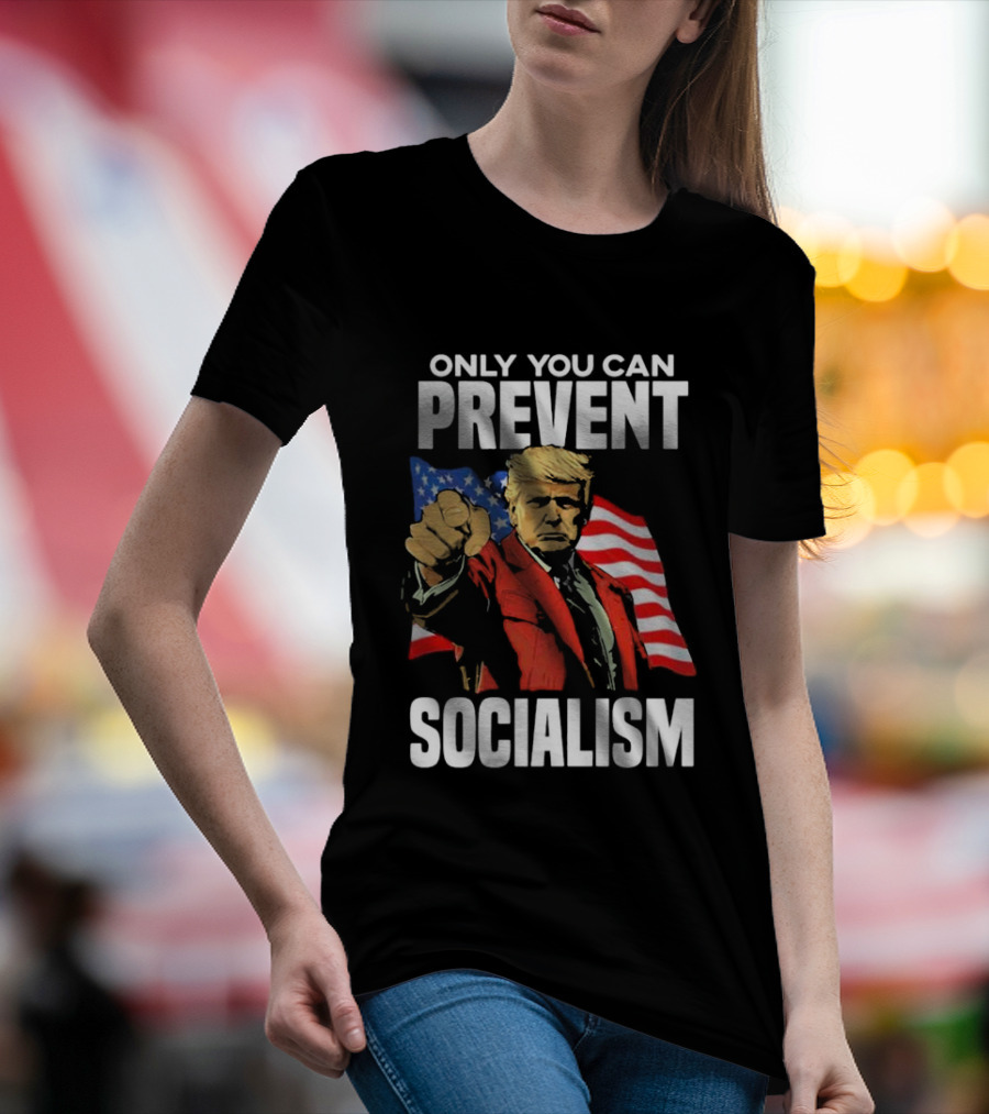 Trump Prevent Socialism With American Flag Background T-Shirt