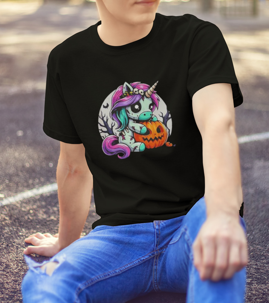 Zombie Unicorn Halloween Cute Punk Rock Gothic Pumpkin T-Shirt