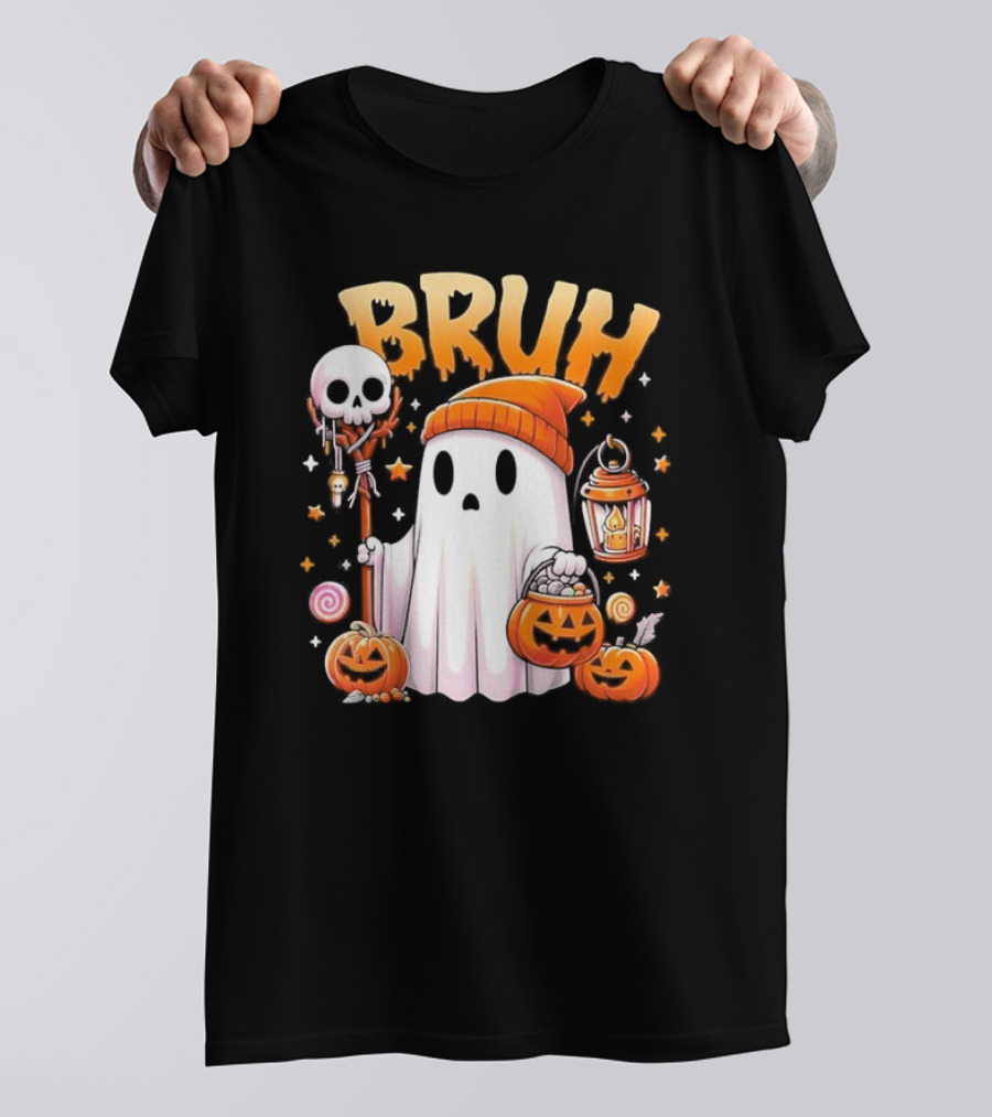 Bruh Ghost Halloween Cute Trick Or Treat Candy Kids Pumpkins Lantern Skull T-Shirt