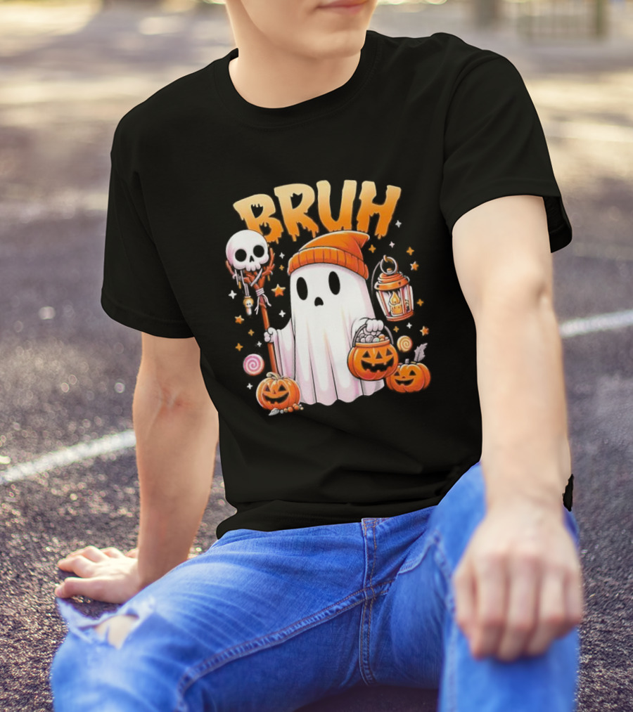 Bruh Ghost Halloween Cute Trick Or Treat Candy Kids Pumpkins Lantern Skull T-Shirt