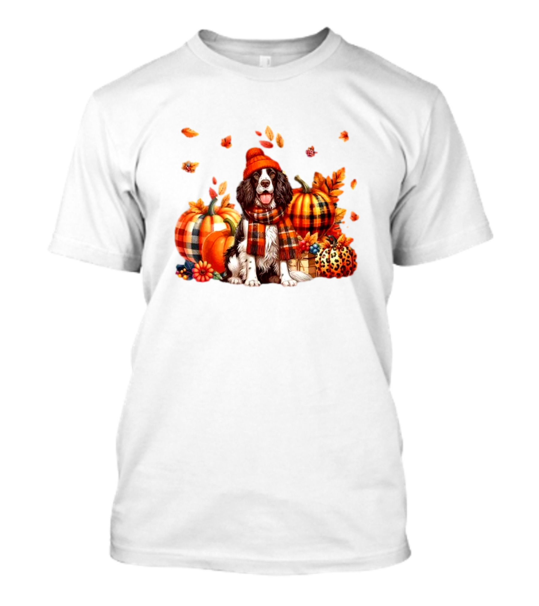 English Springer Spaniel Fall Halloween 2024 With Leopard Print Pumpkins And Leaves T-Shirt