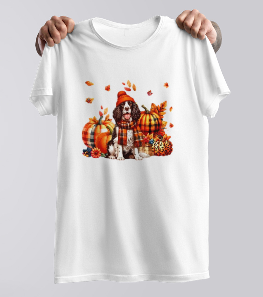 English Springer Spaniel Fall Halloween 2024 With Leopard Print Pumpkins And Leaves T-Shirt