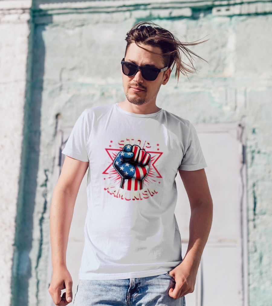 Stop Kamunism American Flag Fist With Stars And Red Stripes T-Shirt