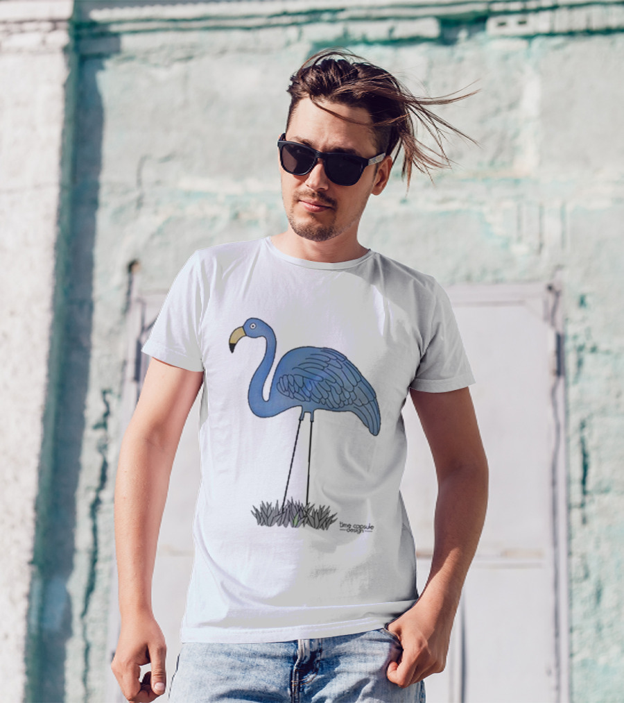 Time Capsule Design Blue Flamingo On Black Grass Background T-Shirt