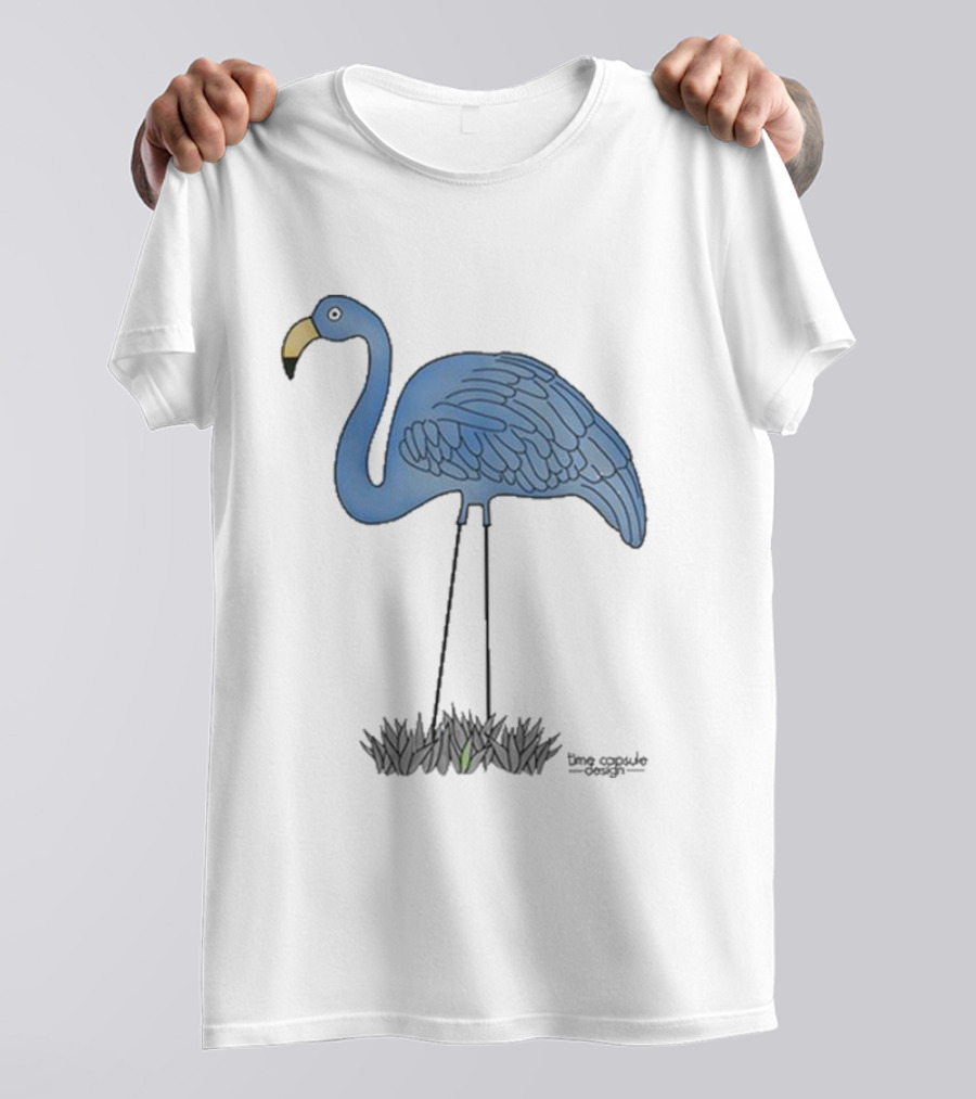 Time Capsule Design Blue Flamingo On Black Grass Background T-Shirt