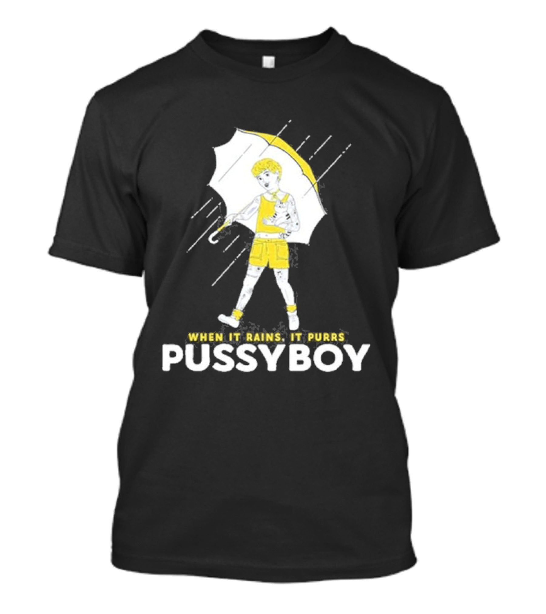 When It Rains It Purrs Pussyboy Umbrella Yellow T-Shirt