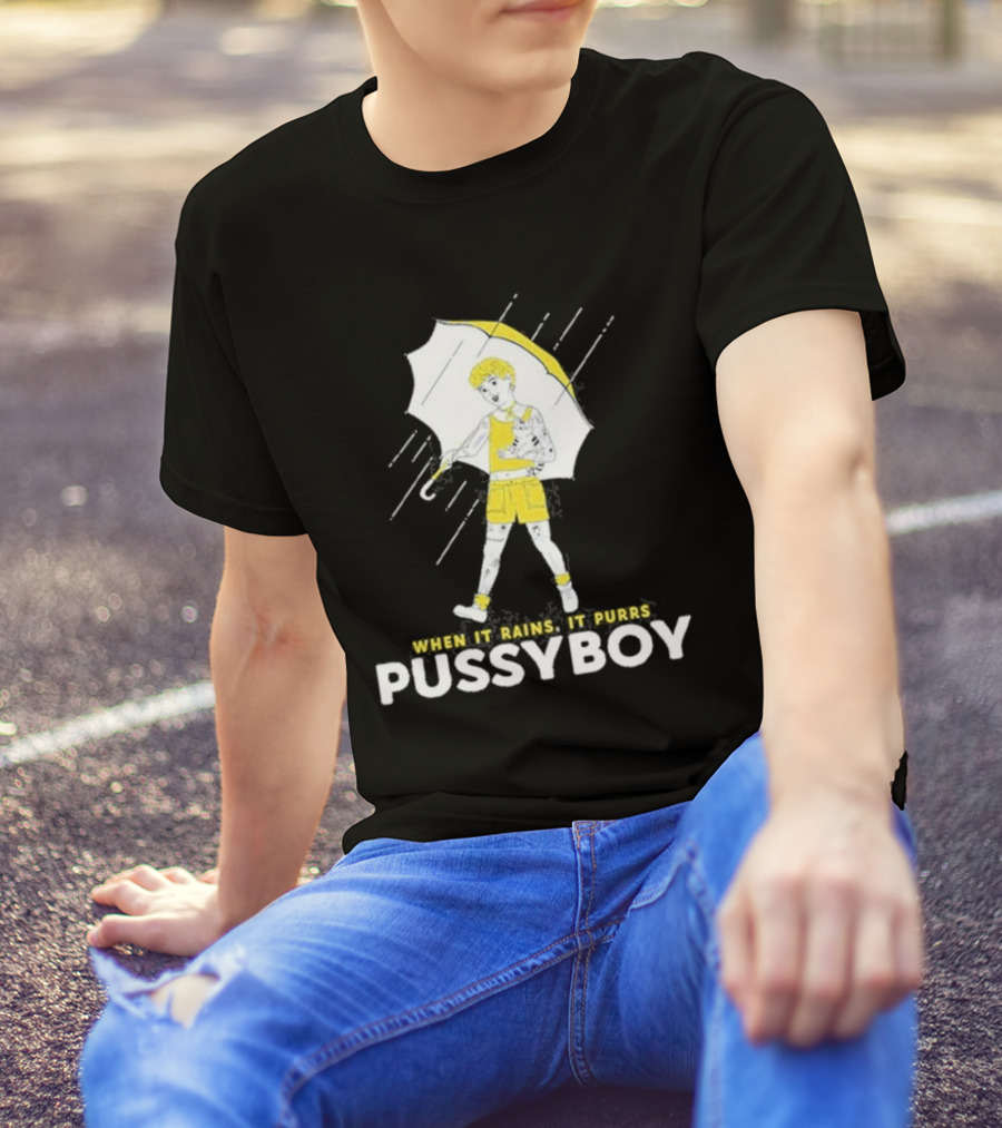 When It Rains It Purrs Pussyboy Umbrella Yellow T-Shirt