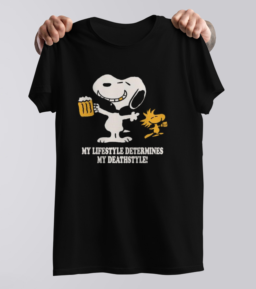 My Lifestyle Determines My Deathstyle Snoopy Woodstock Retro Comic Beer Mug T-Shirt