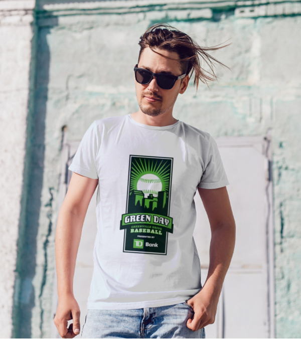 Green Day Greenville Drive Baseball Presented By TD Bank Skyline Baseball Sunburst T-Shirt