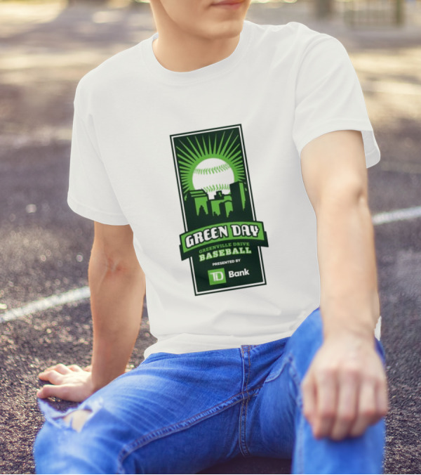 Green Day Greenville Drive Baseball Presented By TD Bank Skyline Baseball Sunburst T-Shirt