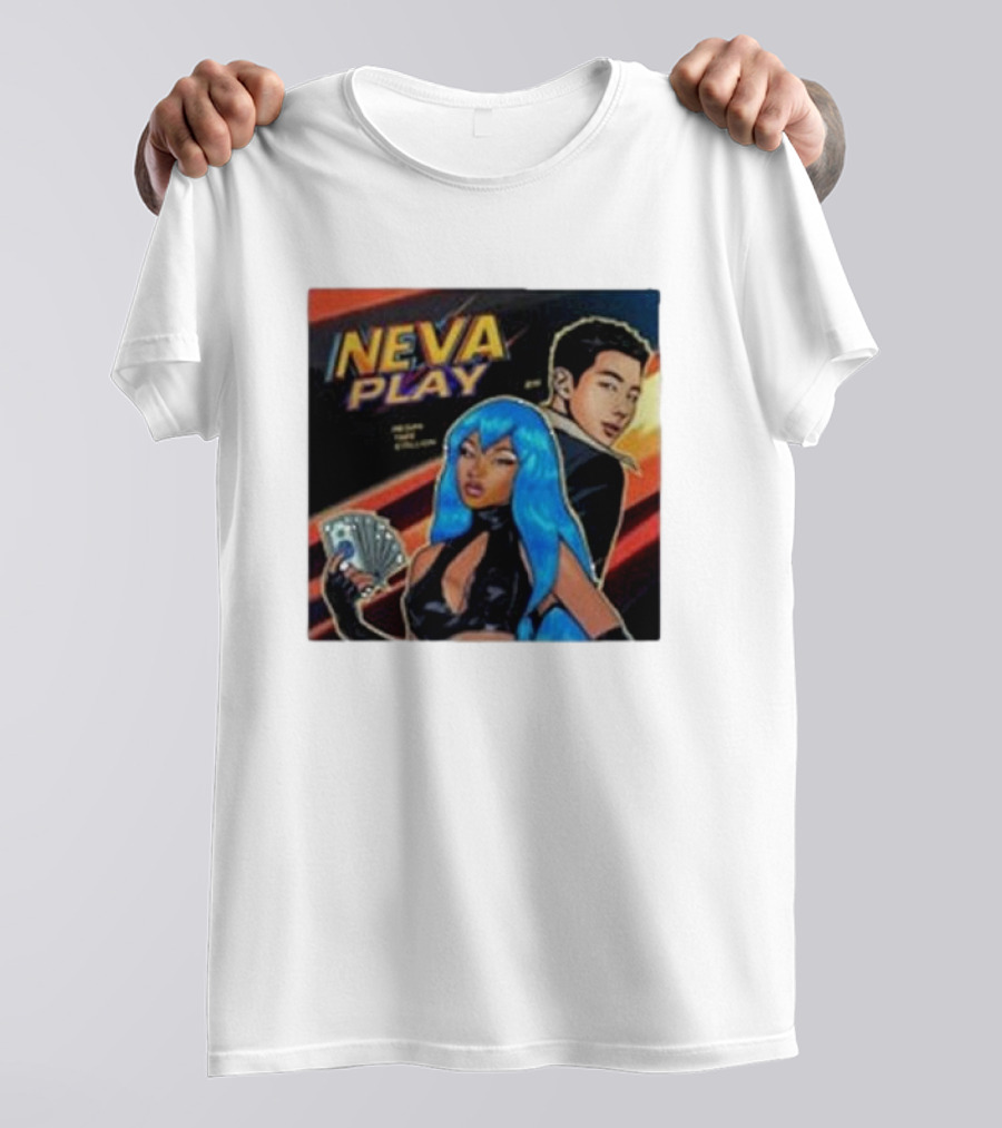Megan Thee Stallion Neva Play Comic Style Artwork With Blue-Haired Character And Cards T-Shirt