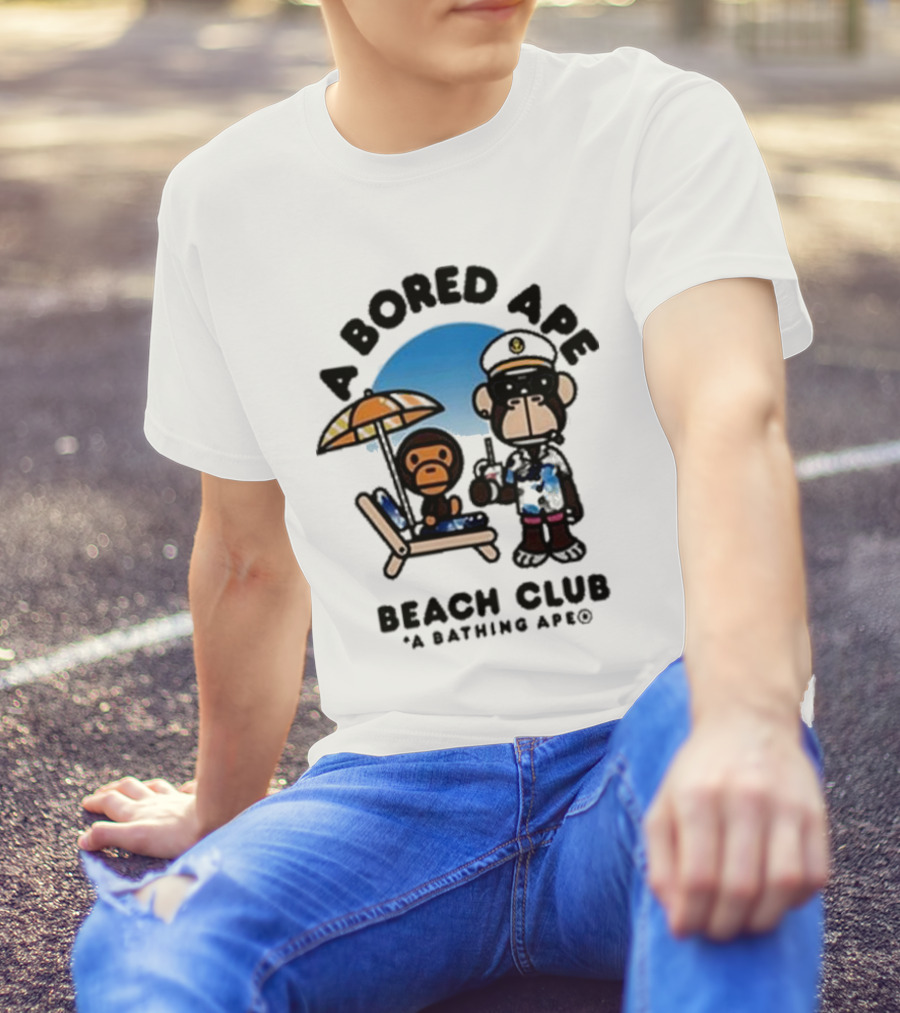 A Bored Ape Beach Club A Bathing Ape Officer And Relaxing Ape Scene T-Shirt