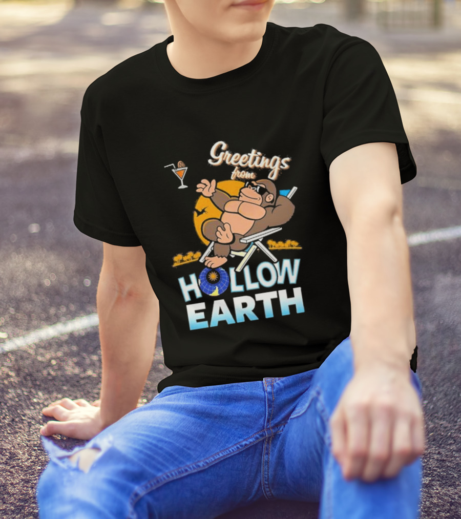 Greetings From Hollow Earth Giant Monster Relaxing With Tropical Cocktail T-Shirt