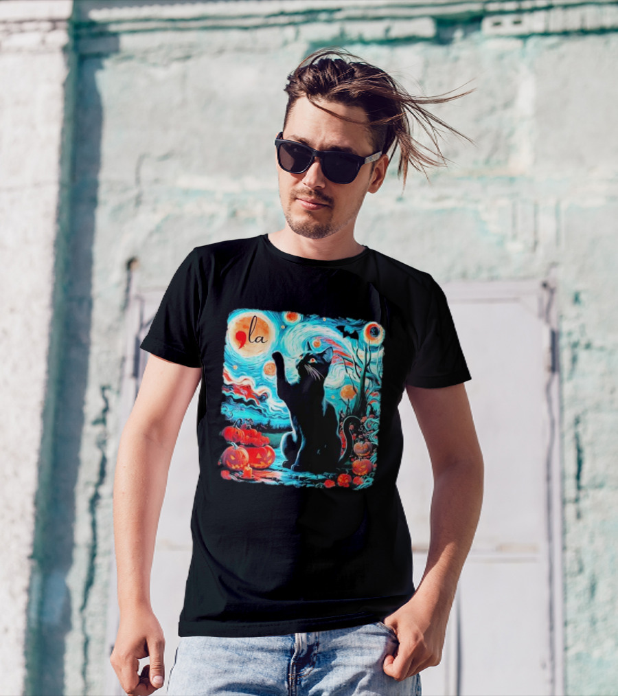 Black Cat Comma La Starry Night Halloween Pumpkins T-Shirt