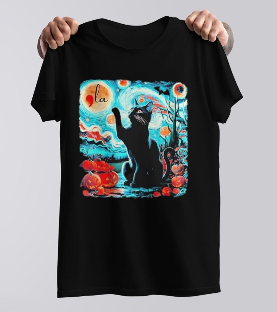 Black Cat Comma La Starry Night Halloween Pumpkins T-Shirt