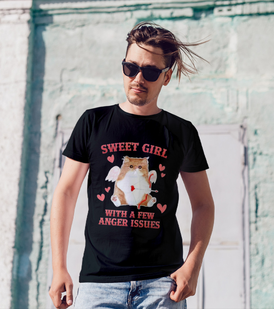 Sweet Girl With A Few Anger Issues Cat With Bow And Arrow Vintage Hearts T-Shirt