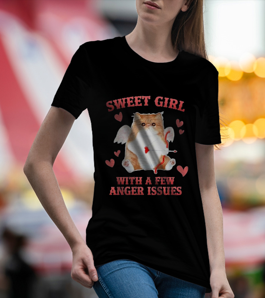 Sweet Girl With A Few Anger Issues Cat With Bow And Arrow Vintage Hearts T-Shirt