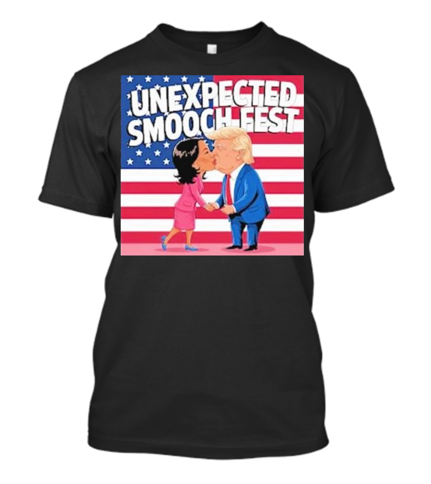 UNEXPECTED SMOOCH FEST Donald Trump And Kamala Harris Kissing American Flag Background T-Shirt