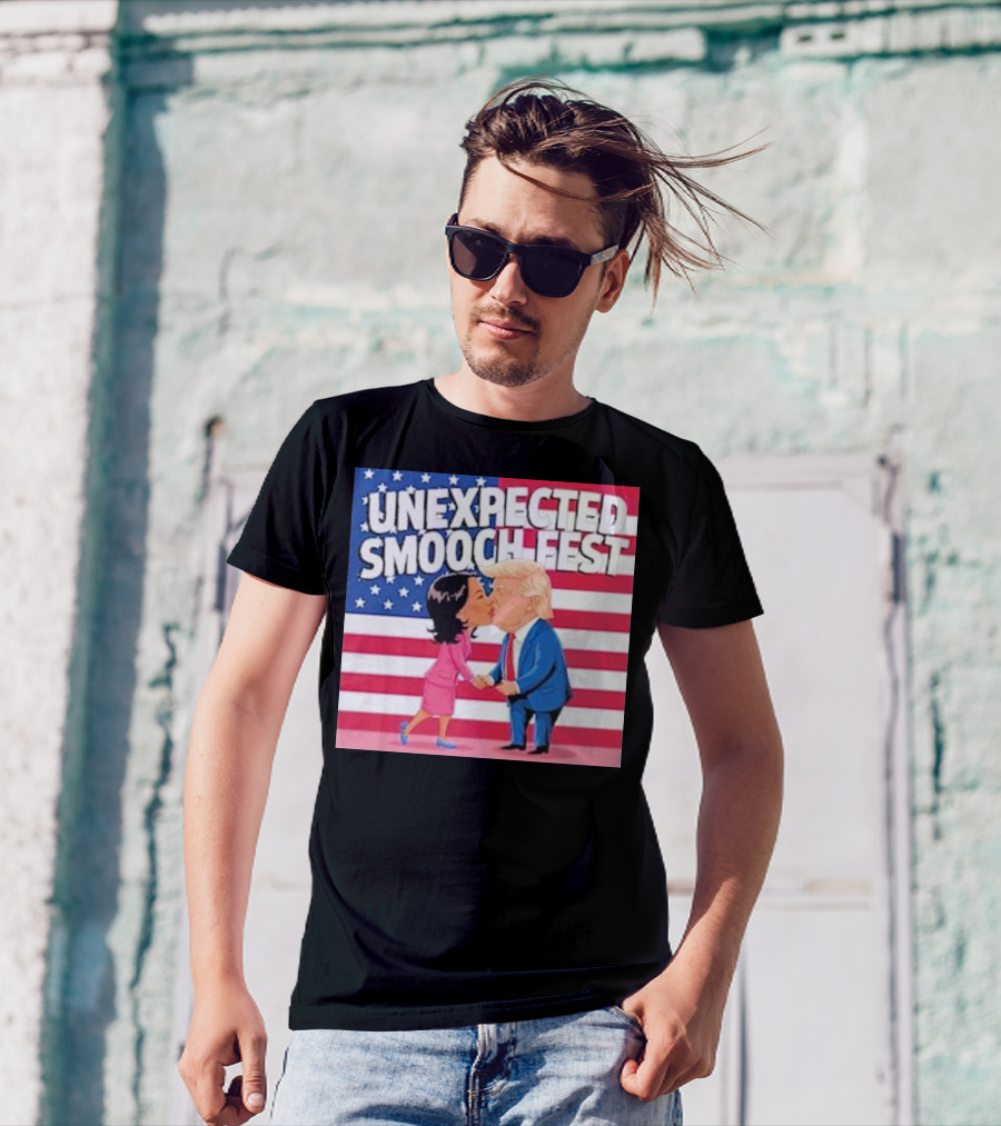 UNEXPECTED SMOOCH FEST Donald Trump And Kamala Harris Kissing American Flag Background T-Shirt