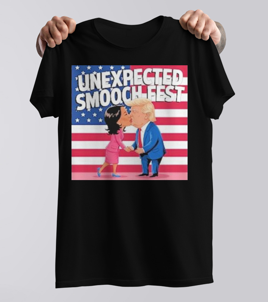 UNEXPECTED SMOOCH FEST Donald Trump And Kamala Harris Kissing American Flag Background T-Shirt