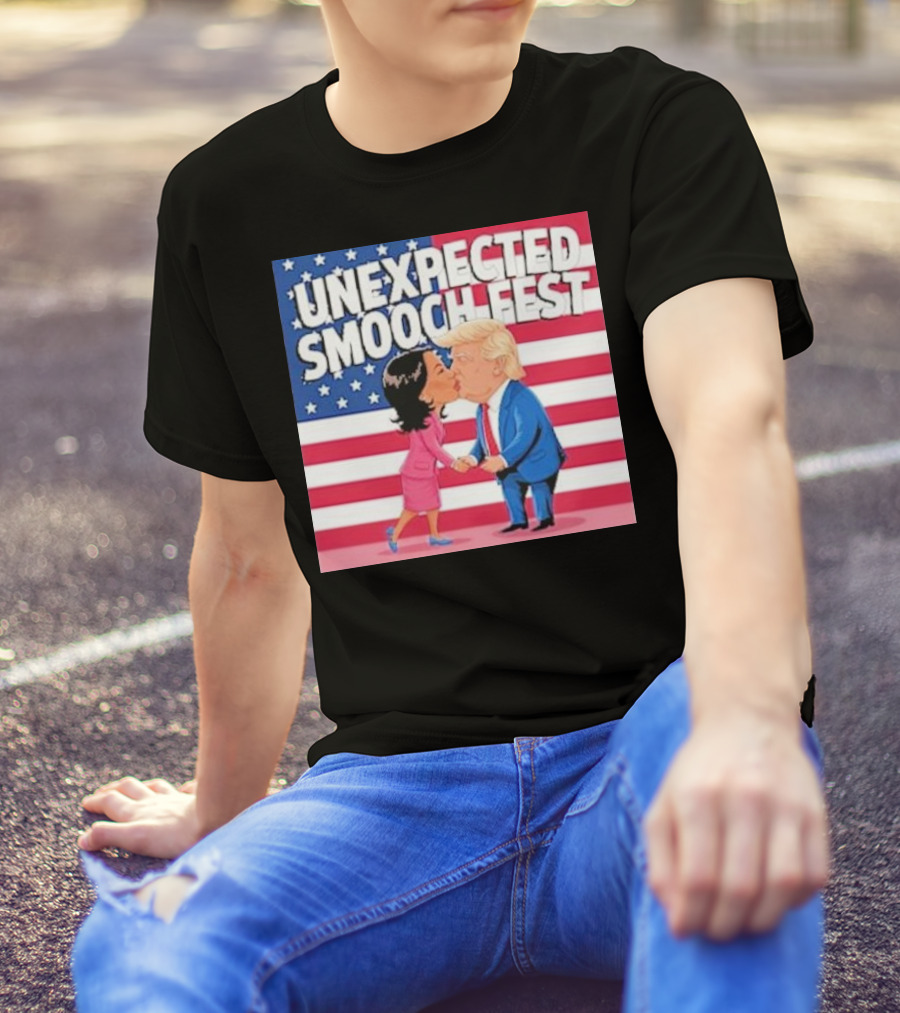 UNEXPECTED SMOOCH FEST Donald Trump And Kamala Harris Kissing American Flag Background T-Shirt
