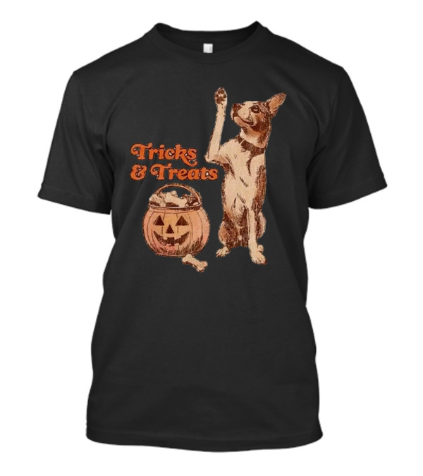 Tricks And Treats Halloween Dog With Pumpkin Basket T-Shirt