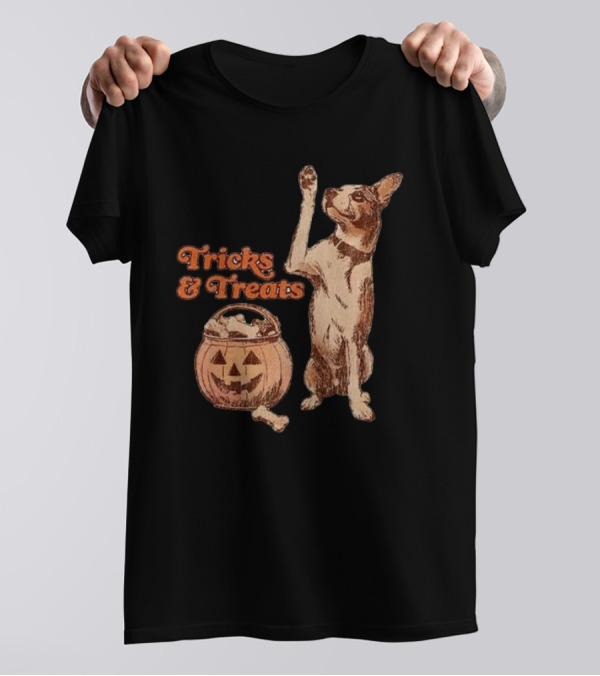 Tricks And Treats Halloween Dog With Pumpkin Basket T-Shirt