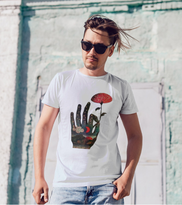 Fly Agaric Psychedelic Hand With Night Sky And Moon T-Shirt