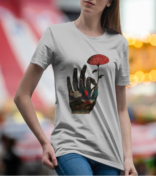 Fly Agaric Psychedelic Hand With Night Sky And Moon T-Shirt