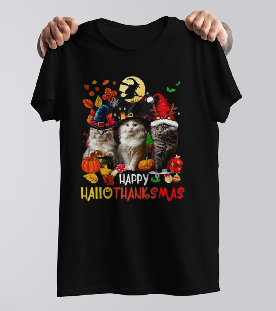 Happy HalloThanksMas Cats Halloween Thanksgiving Christmas T-Shirt