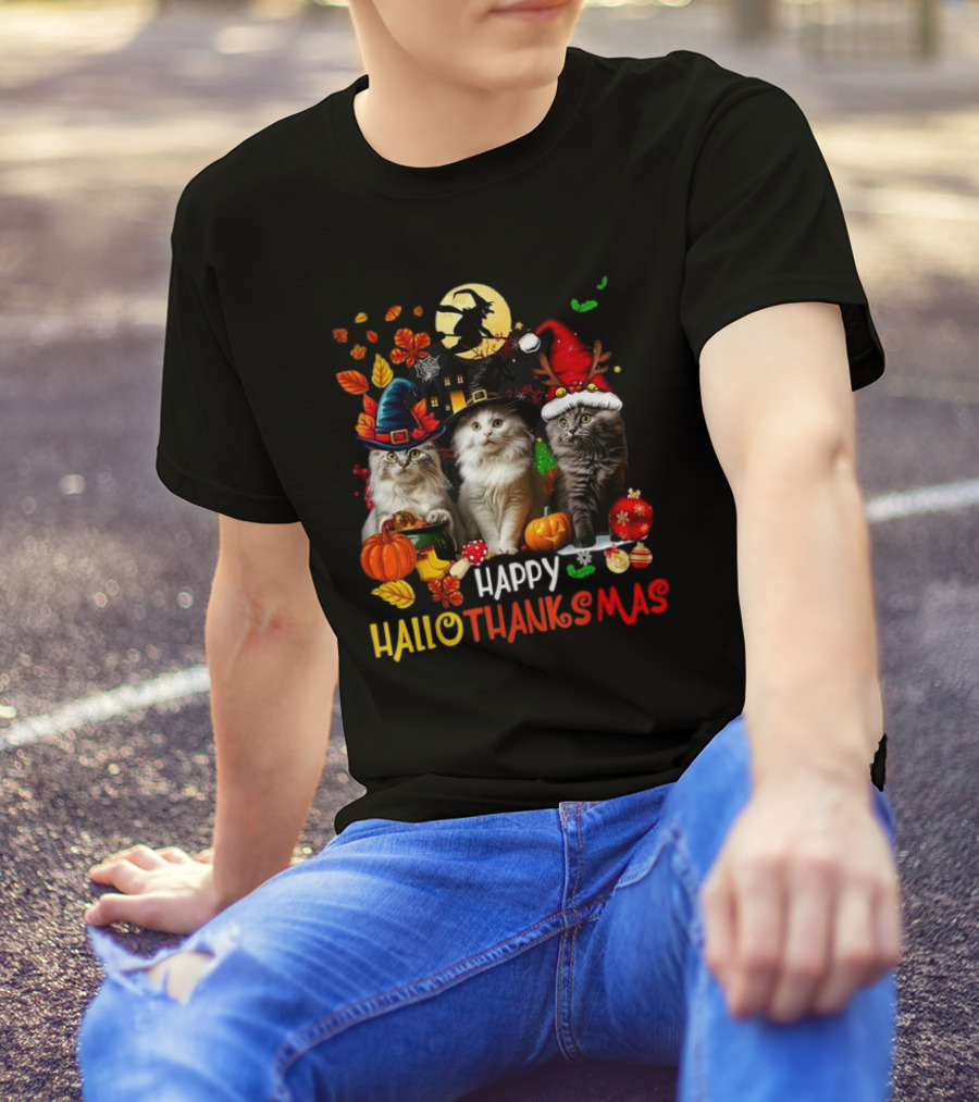 Happy HalloThanksMas Cats Halloween Thanksgiving Christmas T-Shirt