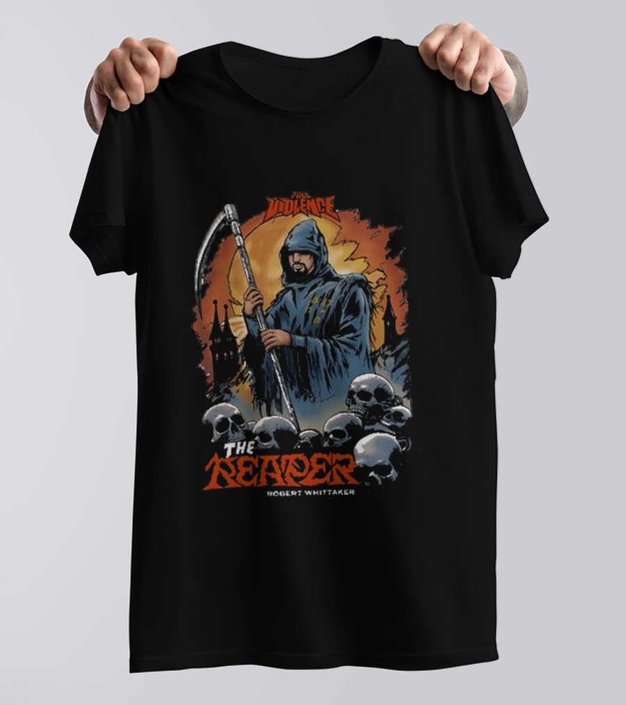 Robert Whittaker The Reaper Violence Halloween 2024 Skulls Scythe T-Shirt