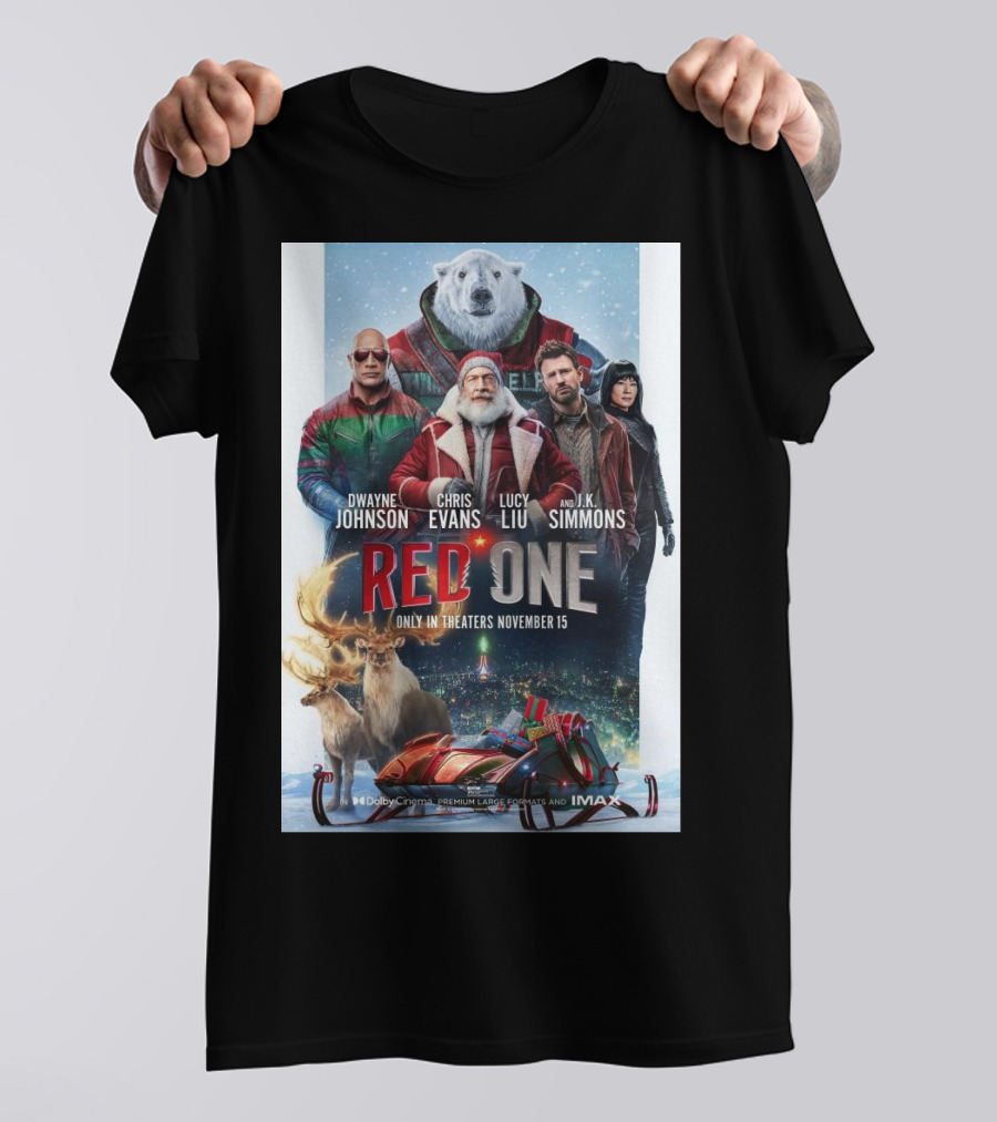 Red One Movie Poster Featuring Dwayne Johnson Chris Evans Lucy Liu J K Simmons Reindeer Polar Bear Sleigh November 15 Release T-Shirt