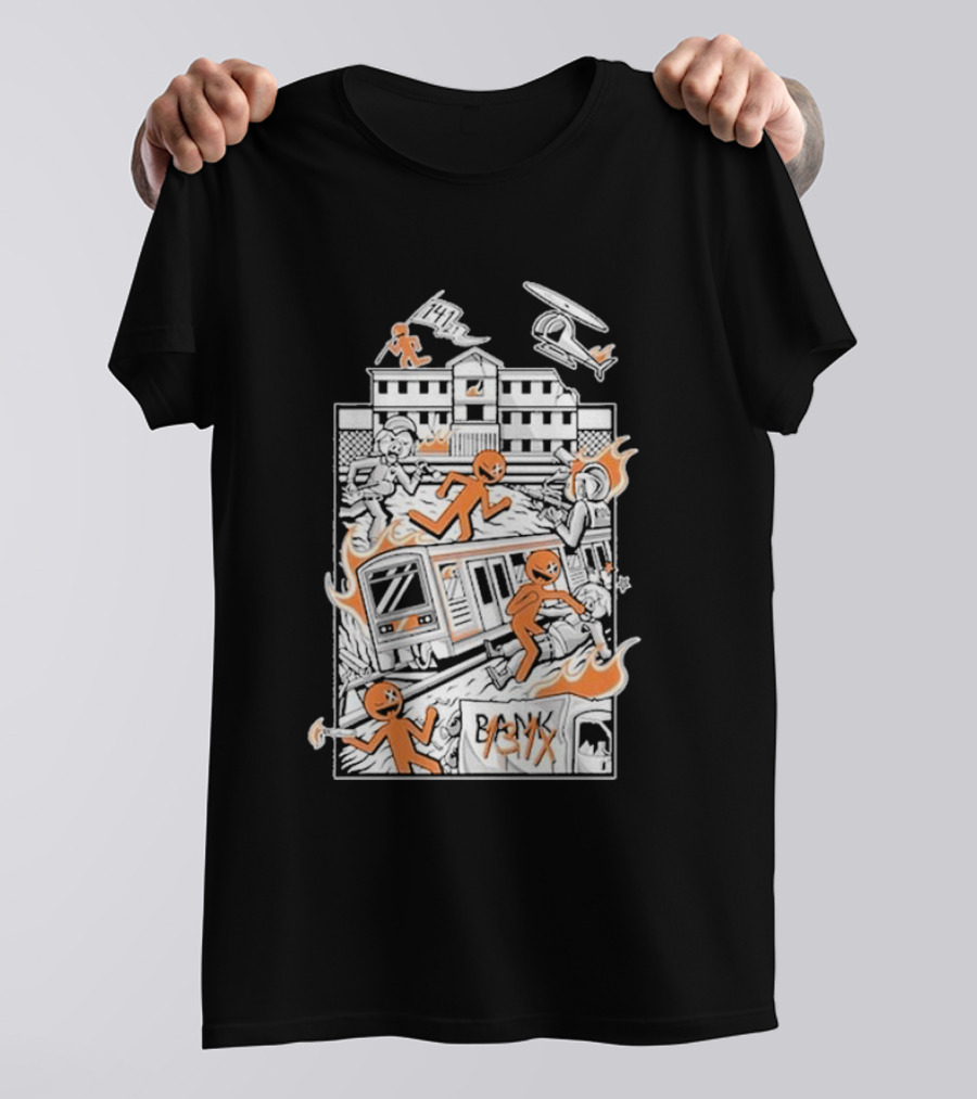 Dani Gambino Stick Figures Chaos Fire Helicopter Bank T-Shirt