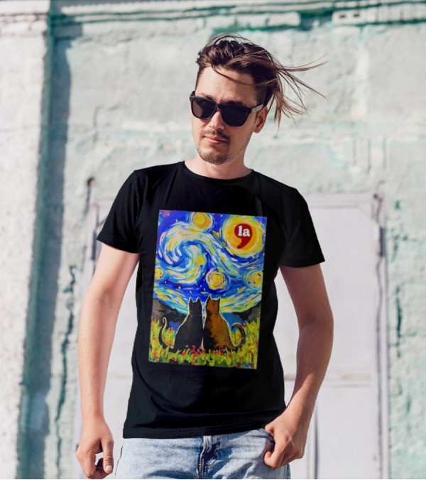 Halloween Starry Night Black Cat Van Gogh Style La Comma T-Shirt