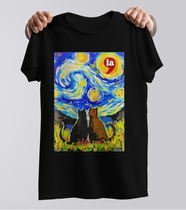 Halloween Starry Night Black Cat Van Gogh Style La Comma T-Shirt