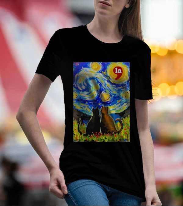 Halloween Starry Night Black Cat Van Gogh Style La Comma T-Shirt