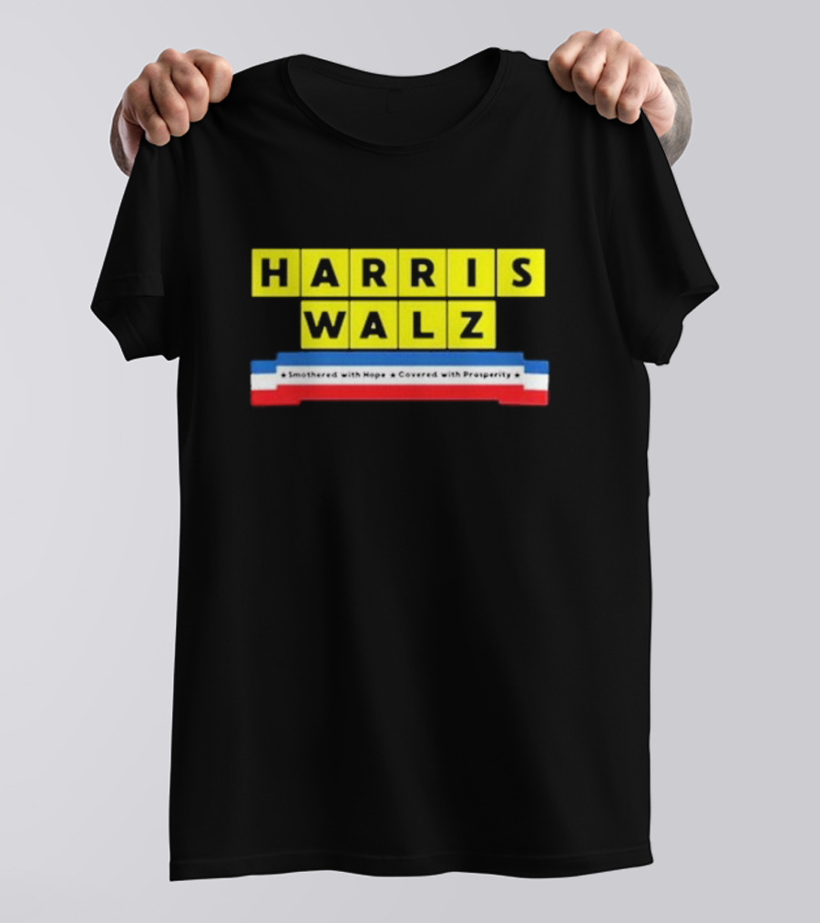 Harris Walz Smothered With Hope Covered With Prosperity Scrabble-Inspired Bold Yellow Block Letters T-Shirt