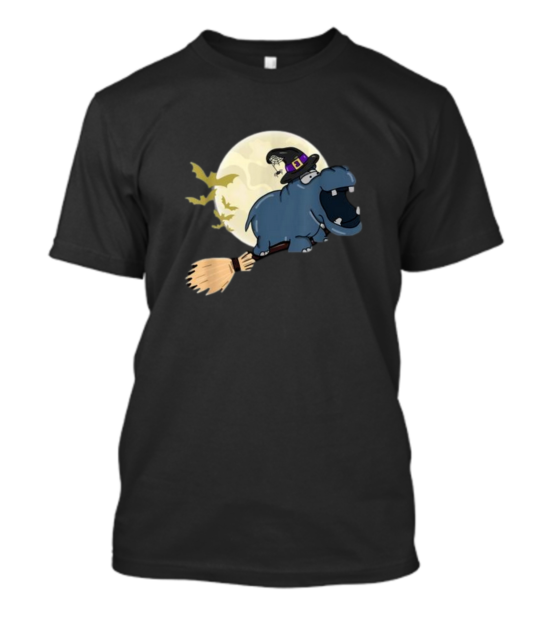 Hippo Witch Riding Shotgun Halloween Hippopotamus Moon Bats T-Shirt