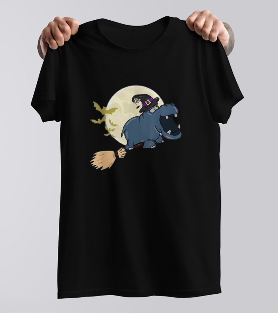Hippo Witch Riding Shotgun Halloween Hippopotamus Moon Bats T-Shirt