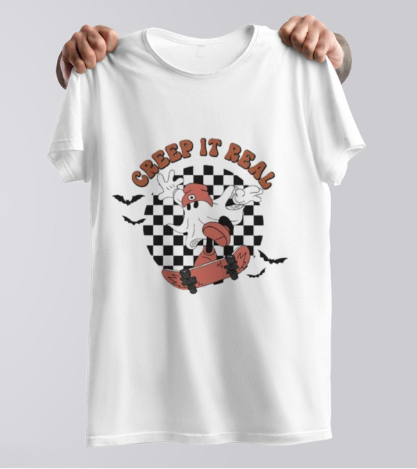 Creep It Real Retro Skateboarding Ghost Halloween Bats T-Shirt