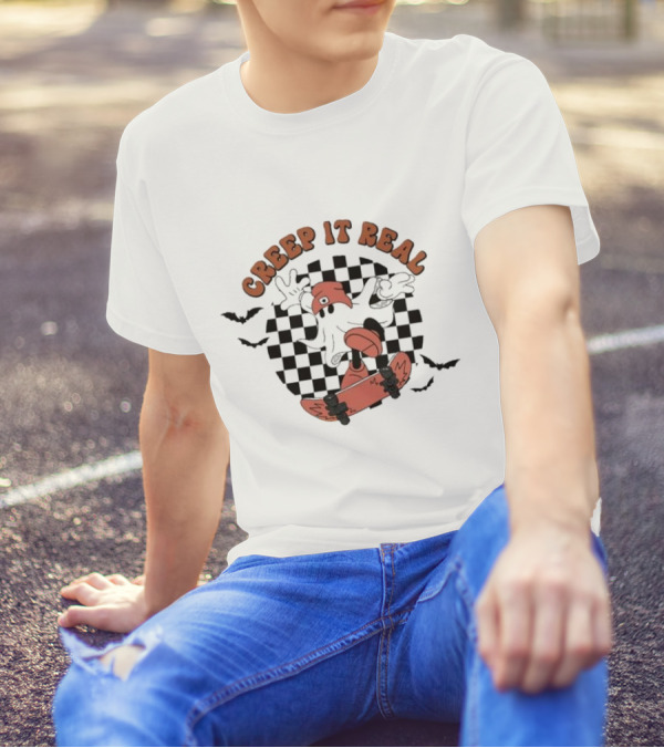 Creep It Real Retro Skateboarding Ghost Halloween Bats T-Shirt