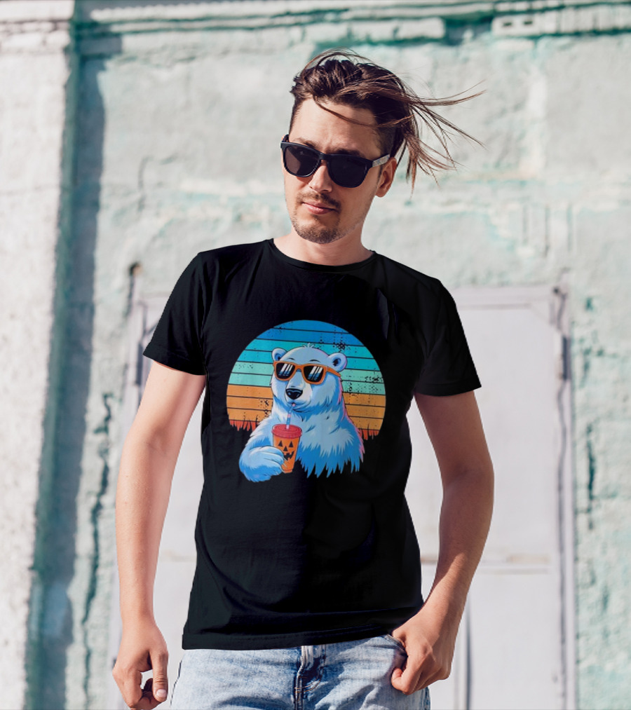 Retro Polar Bear In Sunglasses Sipping Halloween Latte Vintage Sunset T-Shirt