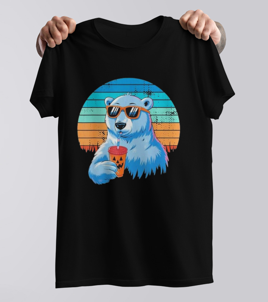 Retro Polar Bear In Sunglasses Sipping Halloween Latte Vintage Sunset T-Shirt