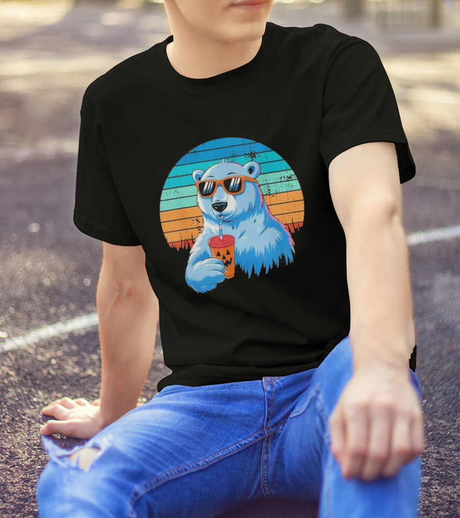 Retro Polar Bear In Sunglasses Sipping Halloween Latte Vintage Sunset T-Shirt