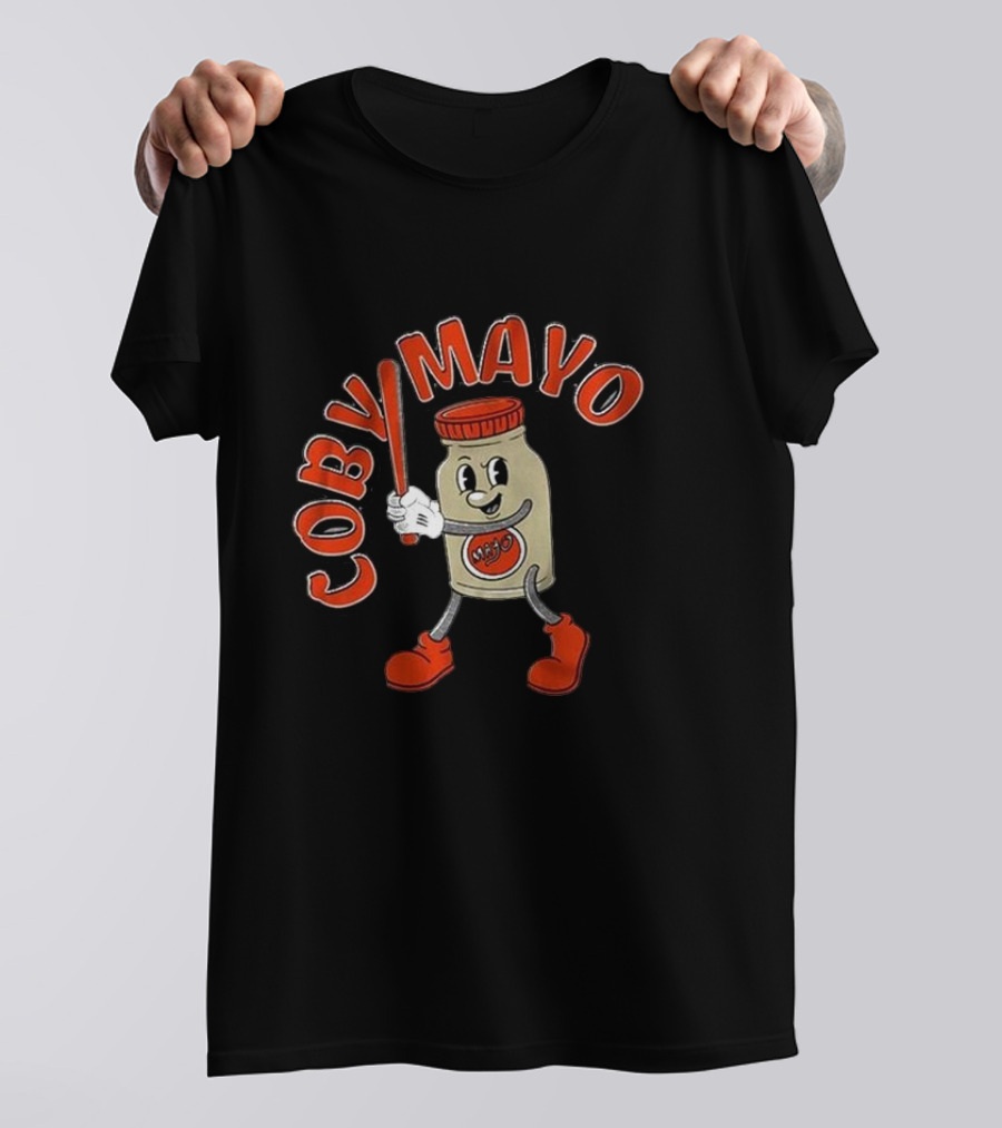 Coby Mayo Cartoon Baseball Jar With Red Letters And Bat T-Shirt