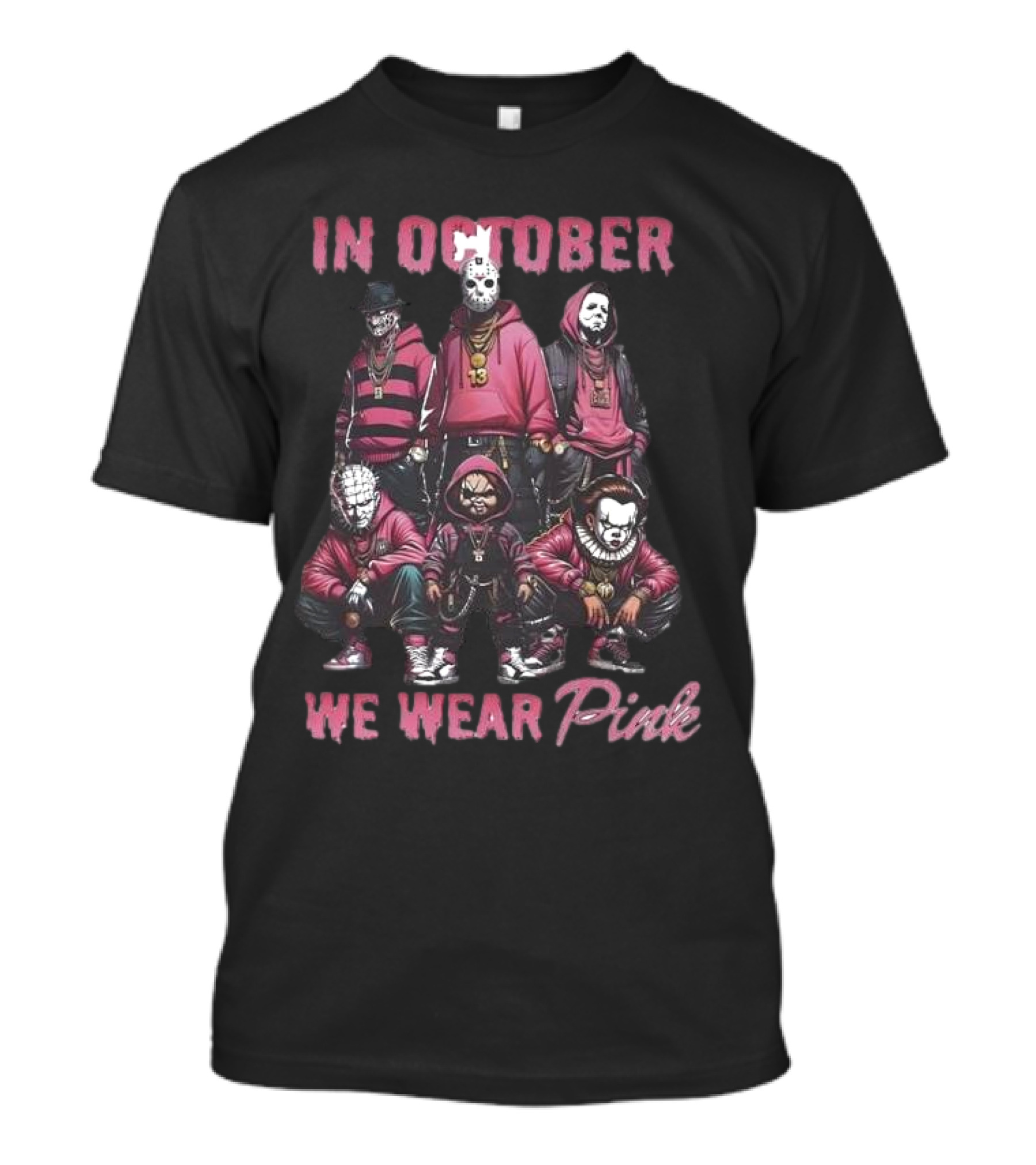 In October We Wear Pink Halloween Horror Characters T-Shirt