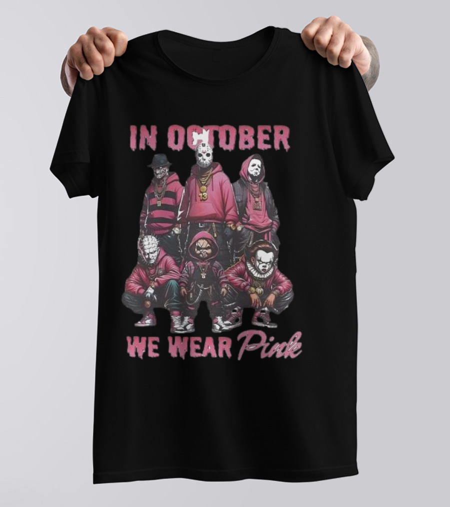 In October We Wear Pink Halloween Horror Characters T-Shirt