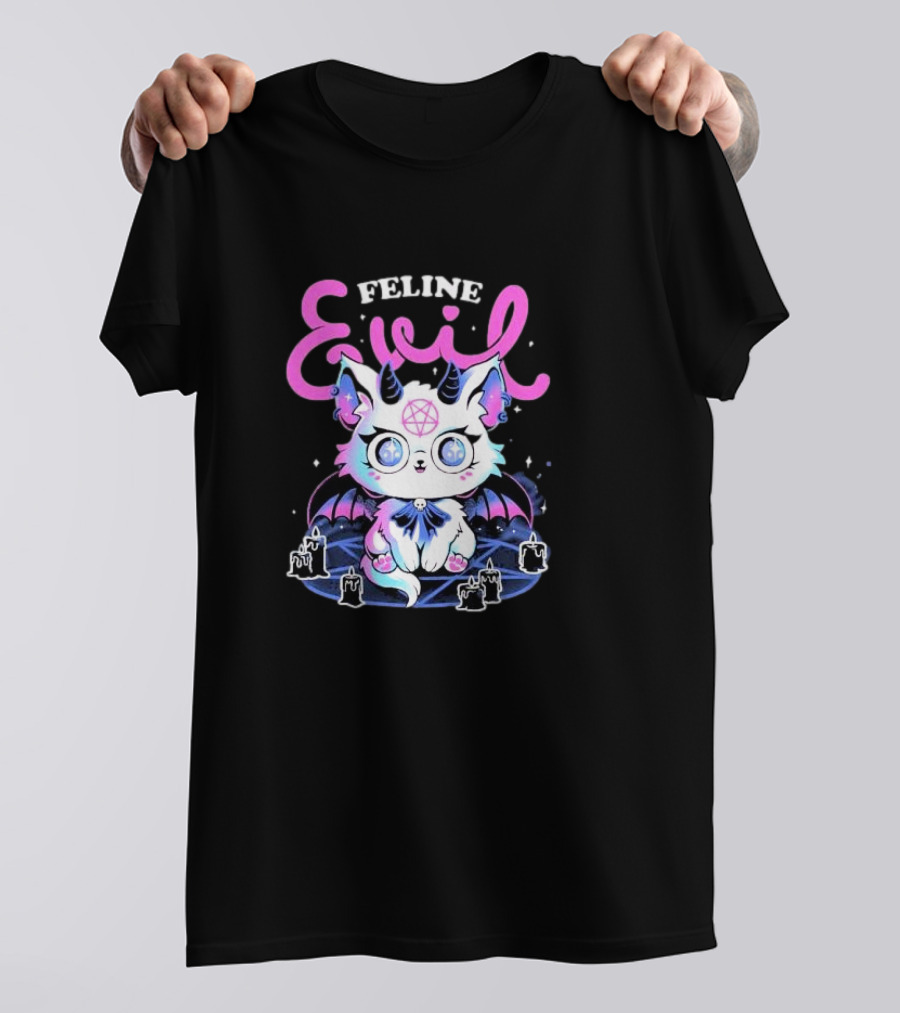 Feline Evil Cute Devil Cat With Pentagram And Bat Wings T-Shirt